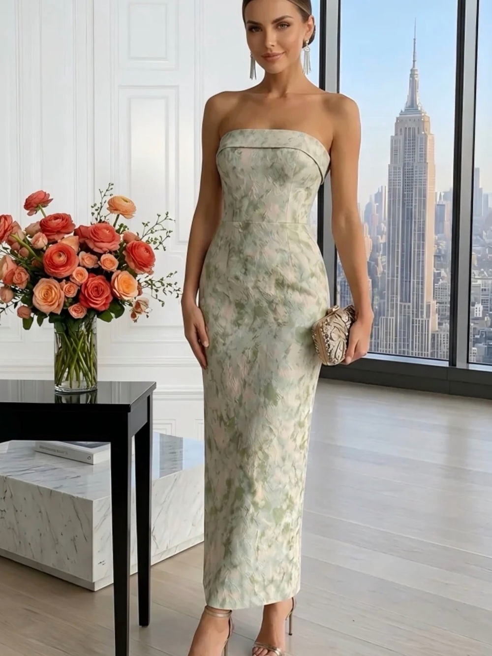 Strapless Green Marble-Print Midi Dress, Sz 4 Brand NEW